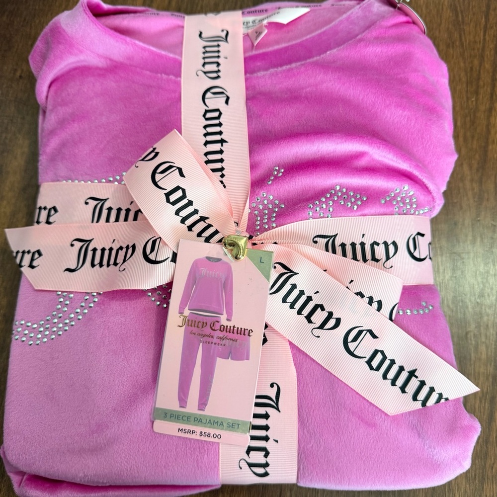 Juicy Couture Pink 3 piece Pajama Set Velour Rhinestones size large NWT